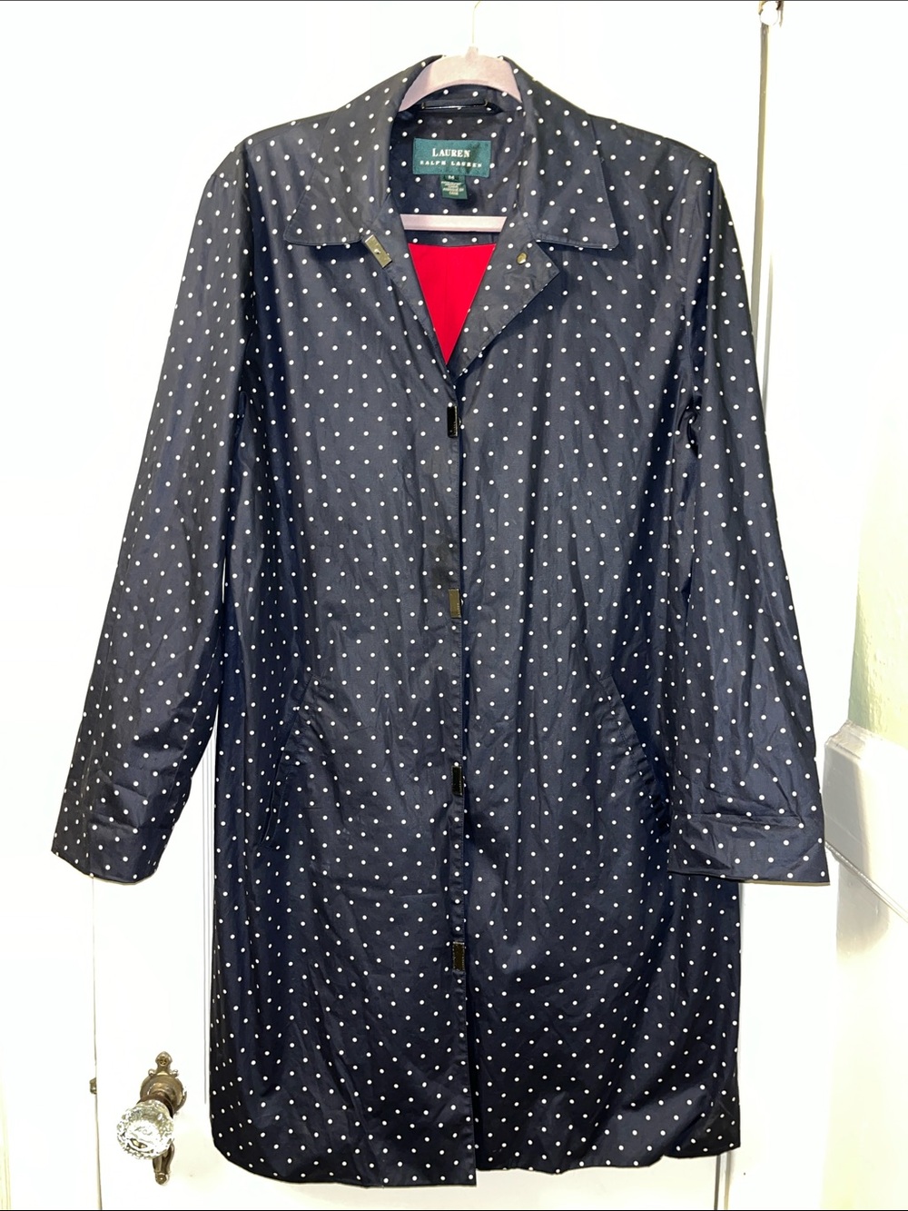 Lauren Ralph Lauren Navy Polka Dot Lightweight Coat with Red Lining